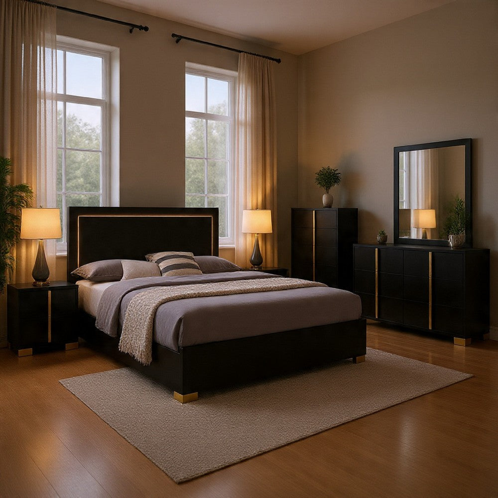 Dex 5pc Queen Bedroom Set with Modern LED Headboard | Mirror | Black