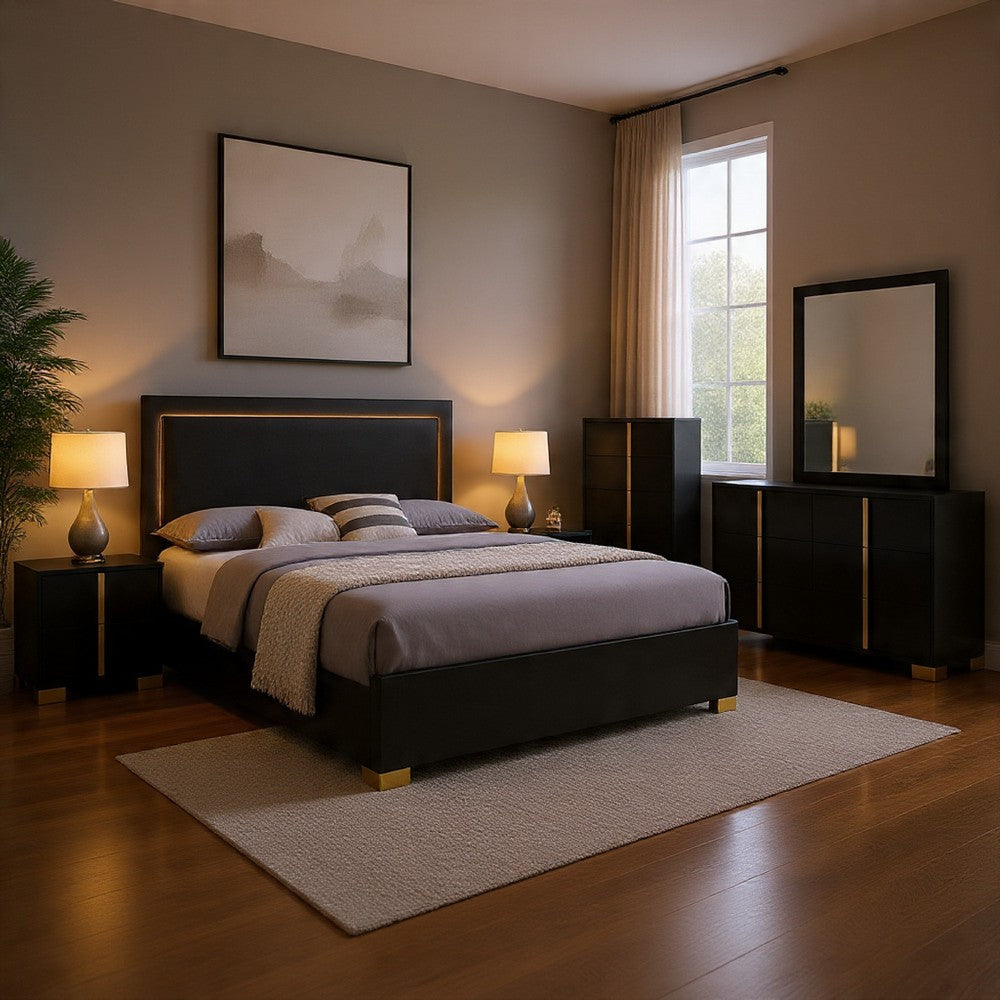 Dex 5pc Queen Bedroom Set with Modern LED Headboard | Mirror | Black
