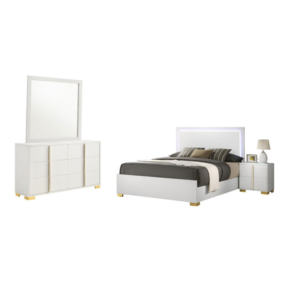 Dex 4pc Queen Bedroom Set with Modern LED Headboard | Mirror | White