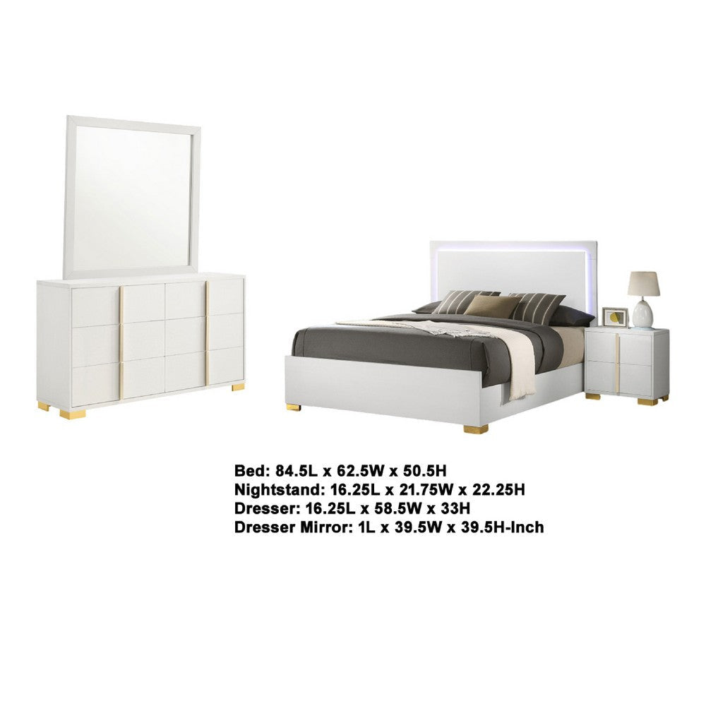 Dex 4pc Queen Bedroom Set with Modern LED Headboard | Mirror | White
