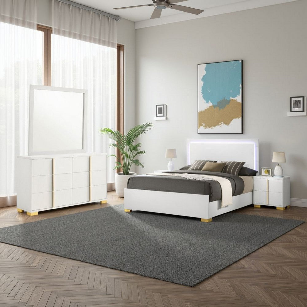 Dex 4pc Queen Bedroom Set with Modern LED Headboard | Mirror | White