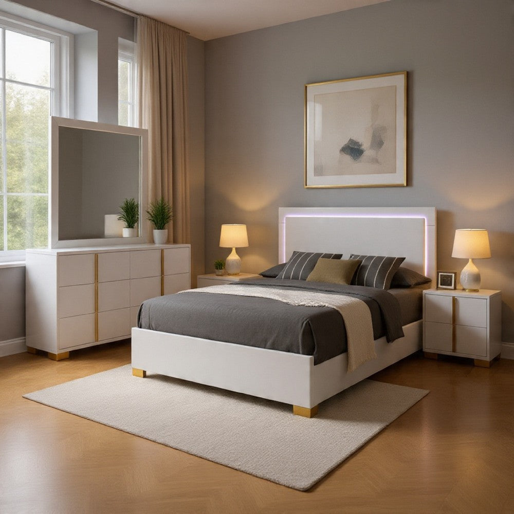 Dex 4pc Queen Bedroom Set with Modern LED Headboard | Mirror | White