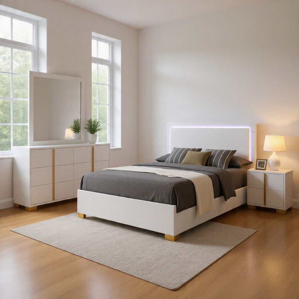 Dex 4pc Queen Bedroom Set with Modern LED Headboard | Mirror | White