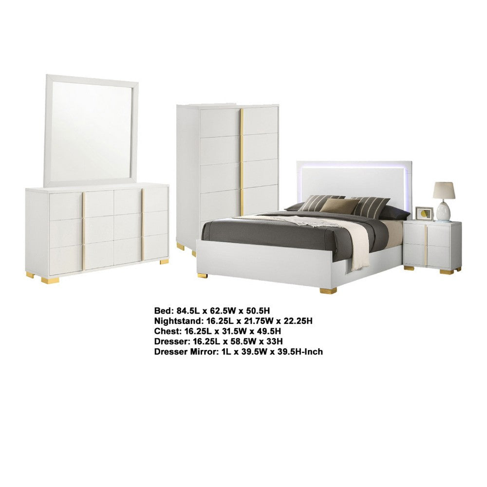 Dex 5pc Queen Bedroom Set with Modern LED Headboard | Mirror | White