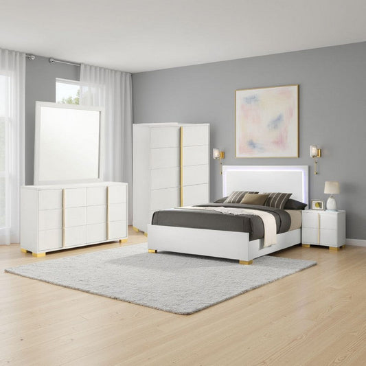 Dex 5pc Queen Bedroom Set with Modern LED Headboard | Mirror | White