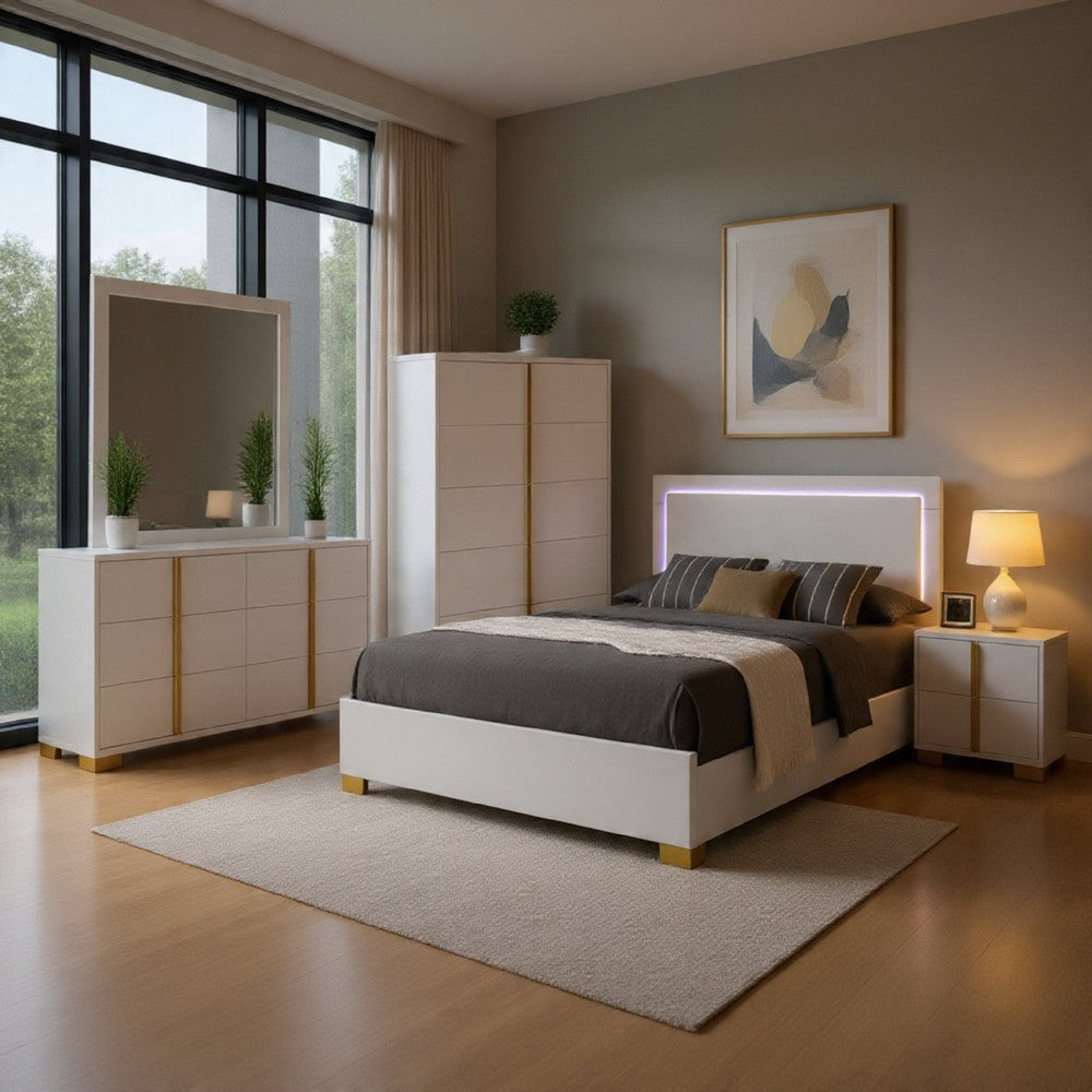 Dex 5pc Queen Bedroom Set with Modern LED Headboard | Mirror | White