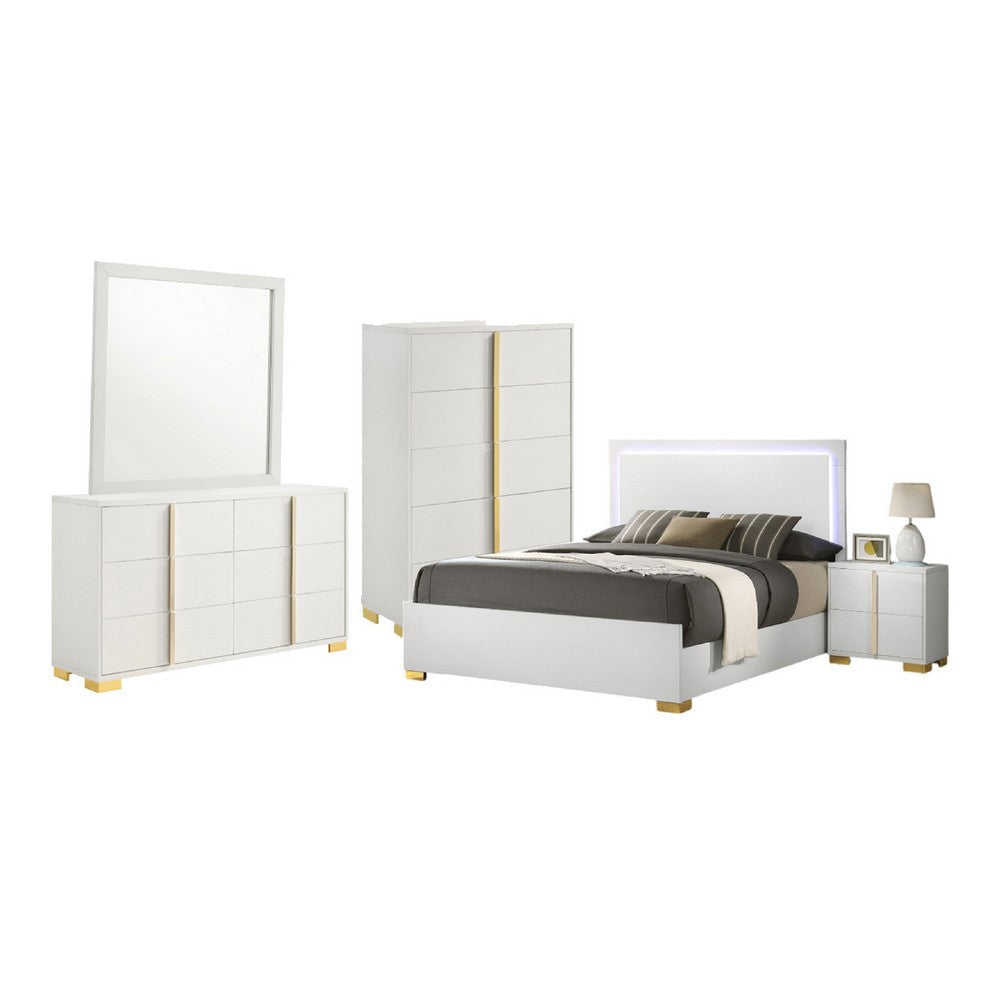Dex 5pc Queen Bedroom Set with Modern LED Headboard | Mirror | White