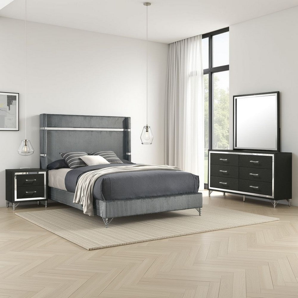 Jenny 4pc Queen Size Bed Set | Gray Velvet Upholstery | Chrome | Black