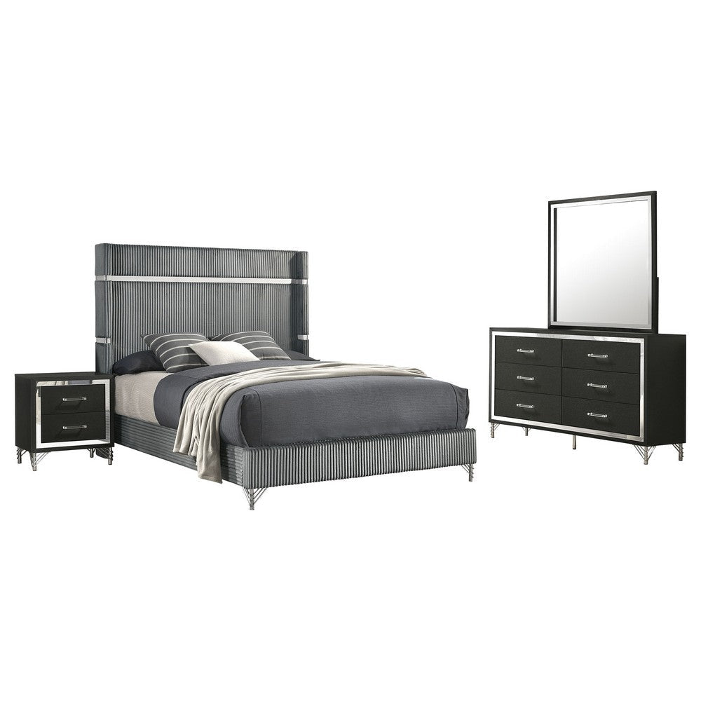 Jenny 4pc Queen Size Bed Set | Gray Velvet Upholstery | Chrome | Black