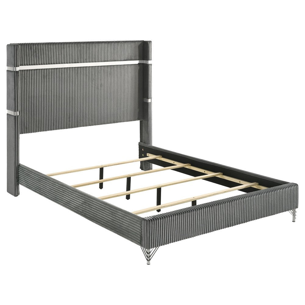 Jenny 5pc Queen Bed Set | Gray Velvet Upholstery | Chrome | Black