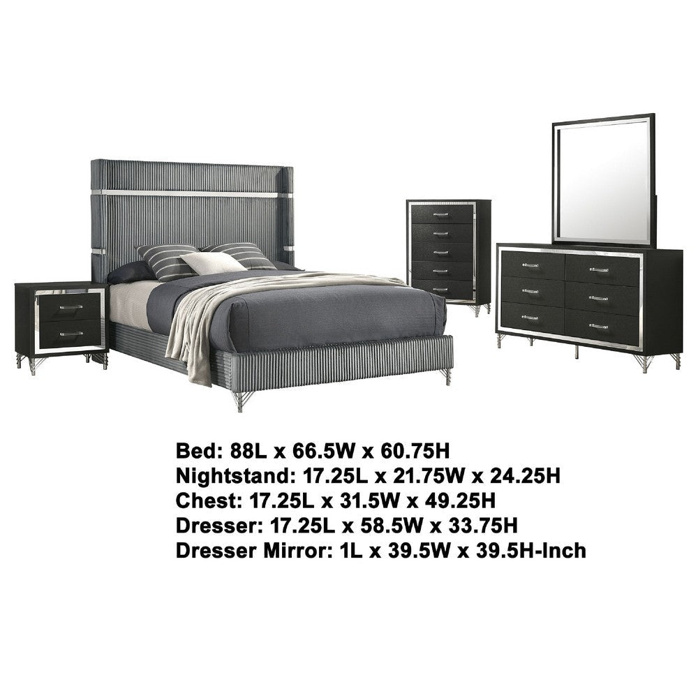 Jenny 5pc Queen Bed Set | Gray Velvet Upholstery | Chrome | Black