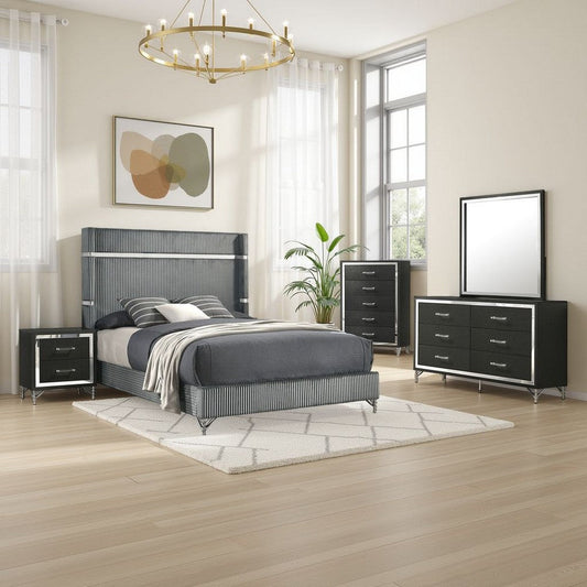 Jenny 5pc Queen Bed Set | Gray Velvet Upholstery | Chrome | Black