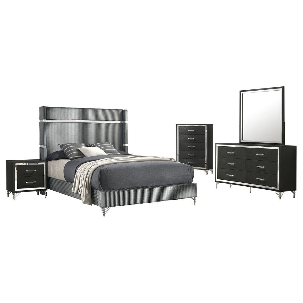 Jenny 5pc Queen Bed Set | Gray Velvet Upholstery | Chrome | Black