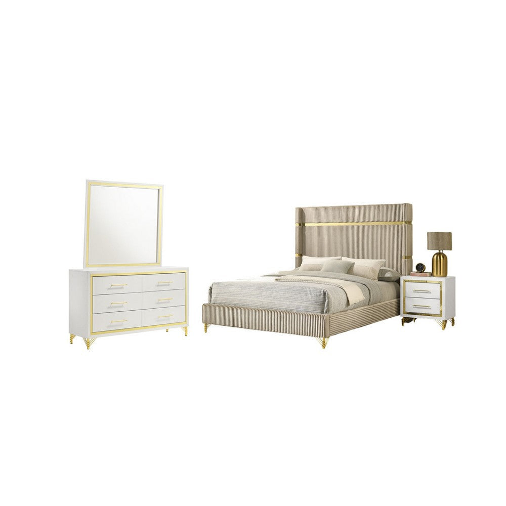 Jenny 4pc Queen Bedroom Set | Textured Beige Wood | Gold Metal Accent