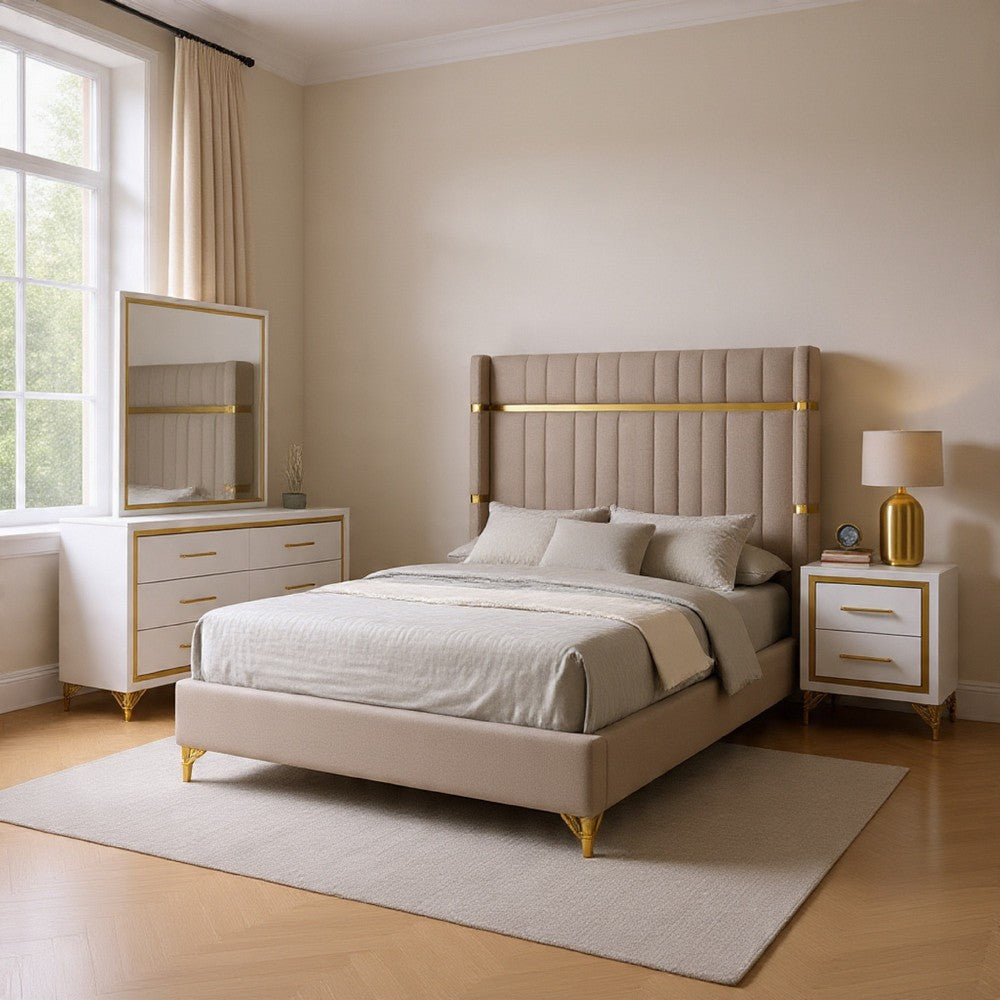Jenny 4pc Queen Bedroom Set | Textured Beige Wood | Gold Metal Accent