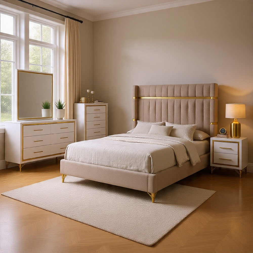Jenny 5pc Queen Bedroom Set | Textured Beige Wood | Gold Metal Accent