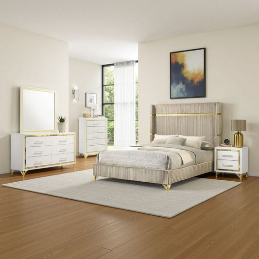 Jenny 5pc Queen Bedroom Set | Textured Beige Wood | Gold Metal Accent