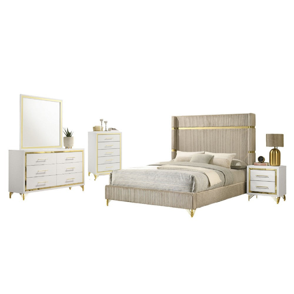 Jenny 5pc Queen Bedroom Set | Textured Beige Wood | Gold Metal Accent