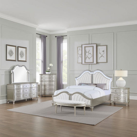 Nive 5pc King Bedroom Set | Silver | Ivory Channel Tufted Upholstery