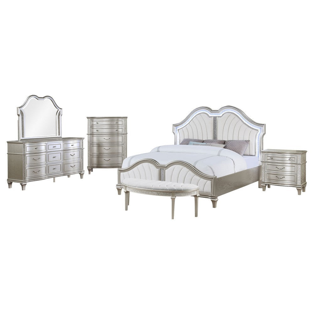 Nive 5pc King Bedroom Set | Silver | Ivory Channel Tufted Upholstery