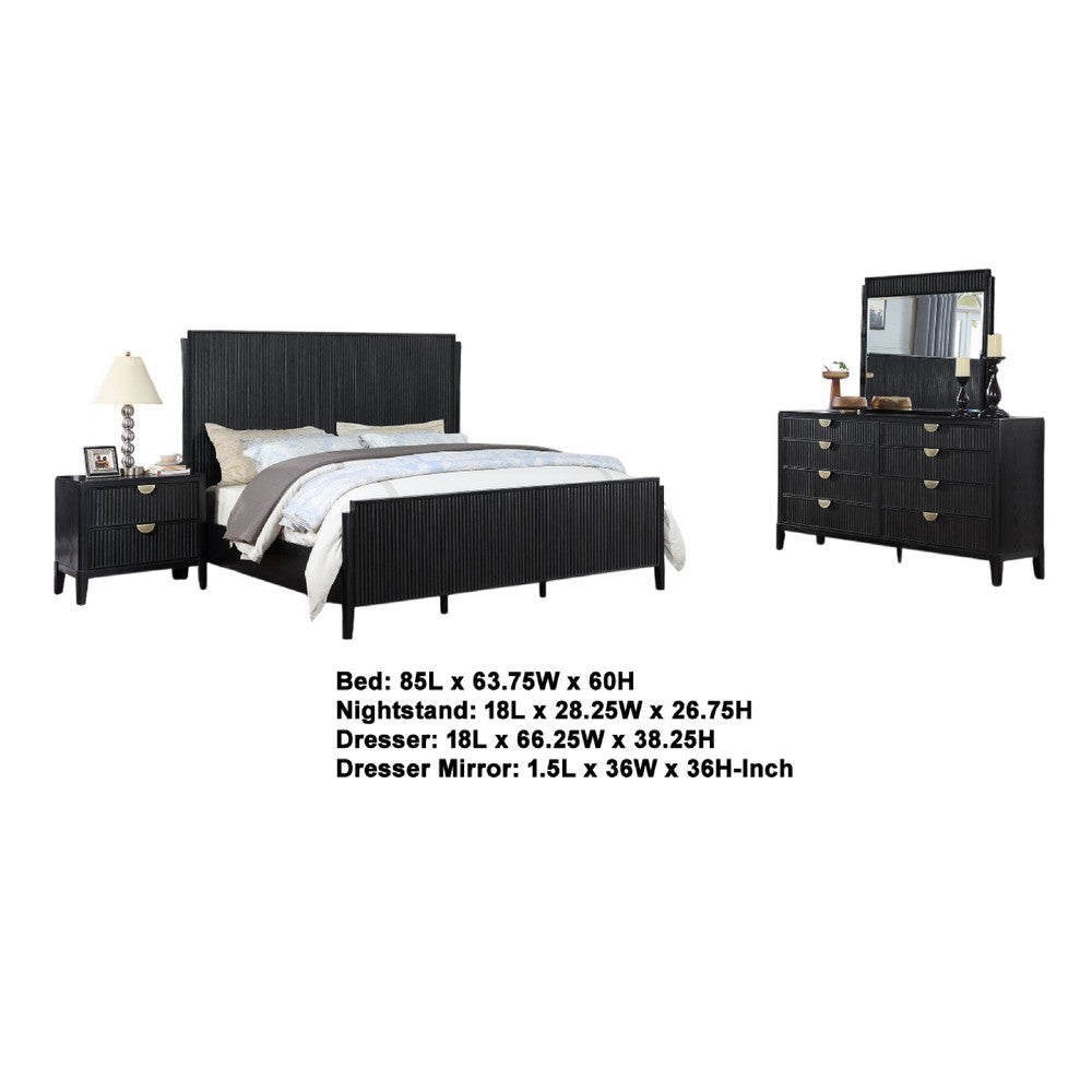 Jack 4pc Queen Bedroom Set | Fluted Black Wood | Dresser and Mirror