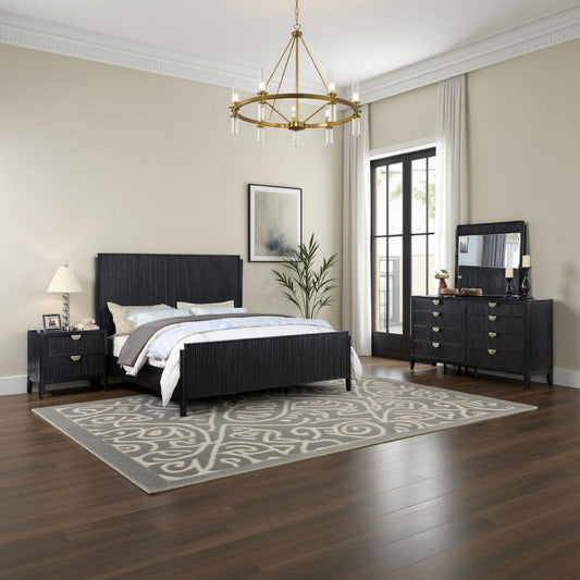 Jack 4pc Queen Bedroom Set | Fluted Black Wood | Dresser and Mirror