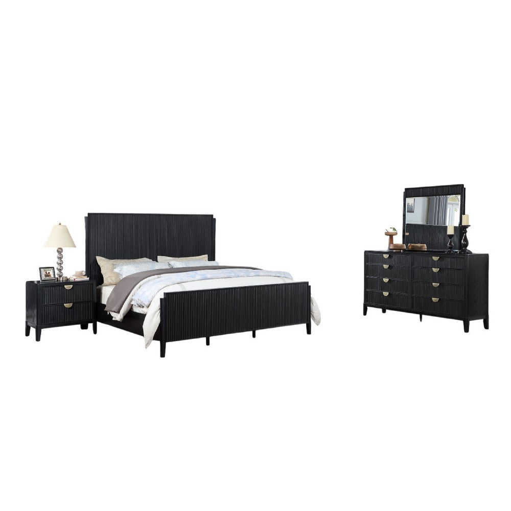 Jack 4pc Queen Bedroom Set | Fluted Black Wood | Dresser and Mirror