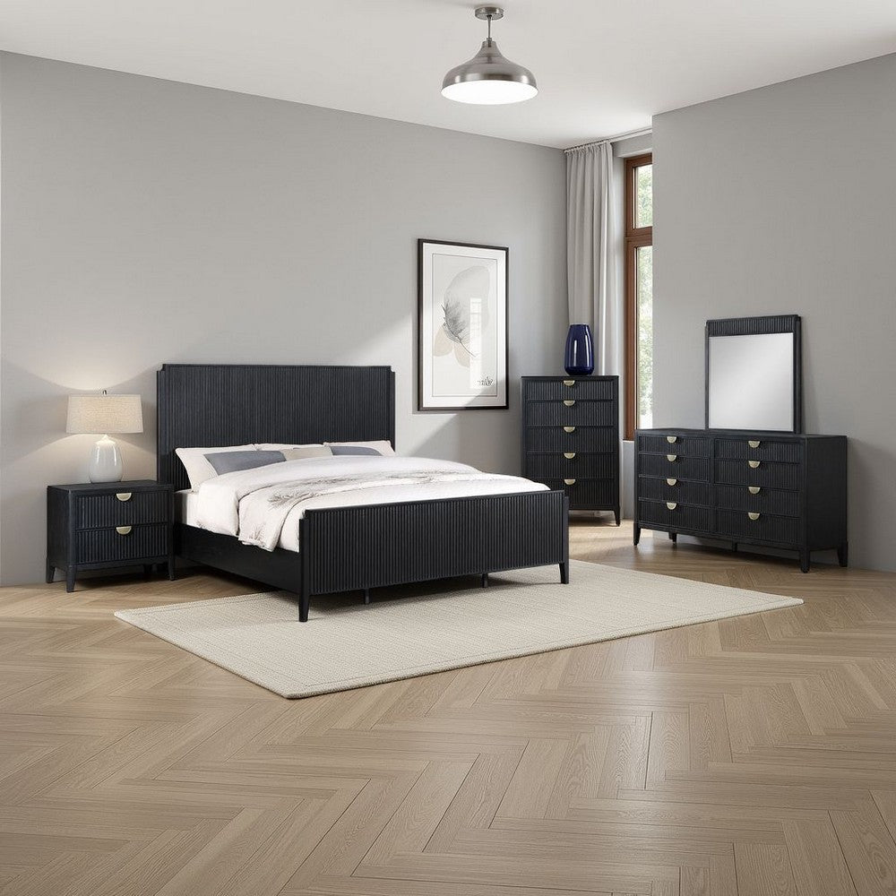 Jack 5pc Queen Bedroom Set | Fluted Black Wood | Dresser Chest Mirror