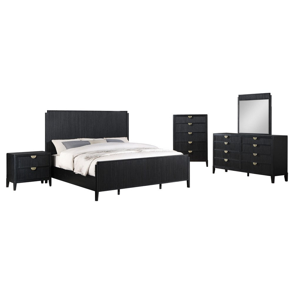 Jack 5pc Queen Bedroom Set | Fluted Black Wood | Dresser Chest Mirror