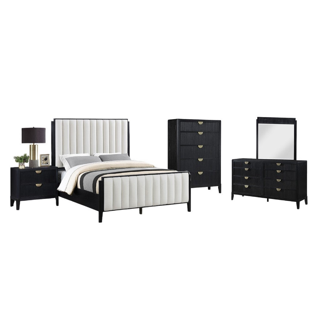 Jack 5pc Queen Bedroom Set | Black | Vertical Tufted Ivory Upholstery