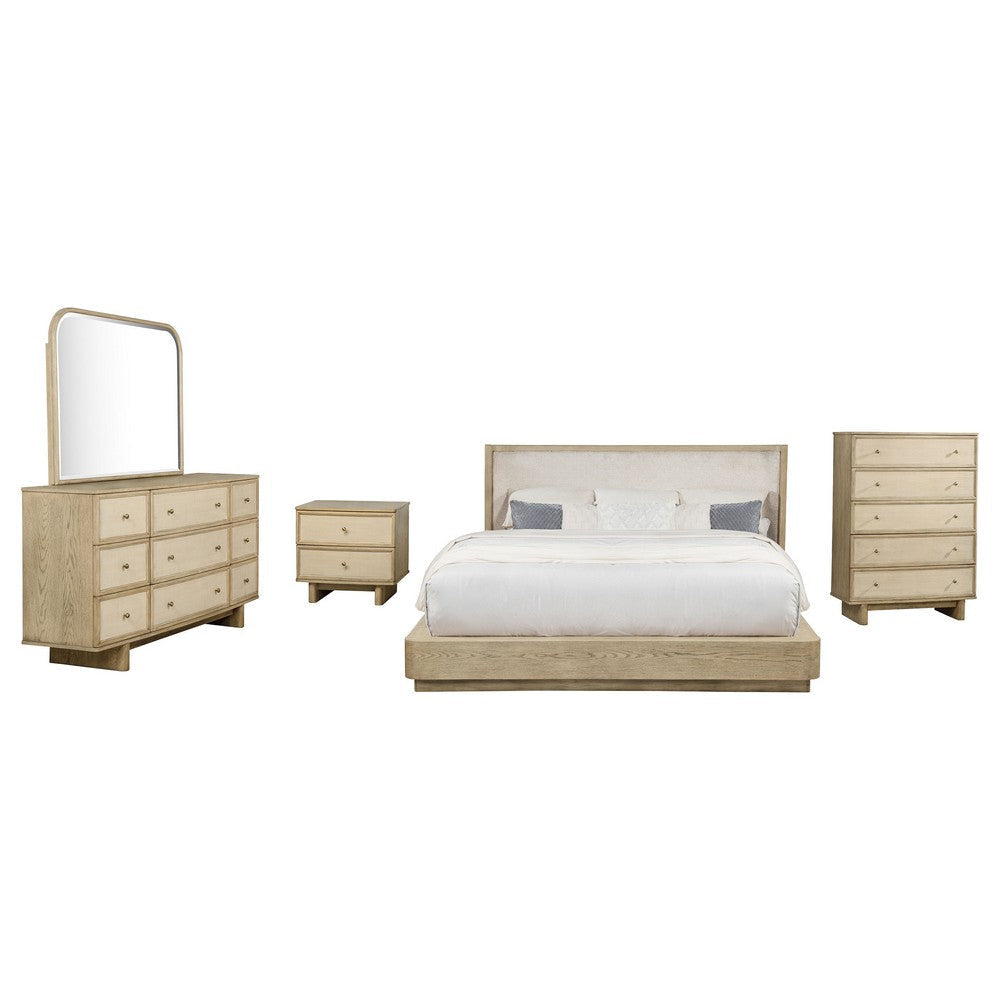 Lno 5pc Queen Bedroom Set | Resin Cane | Beige Wood | Beige Upholstery