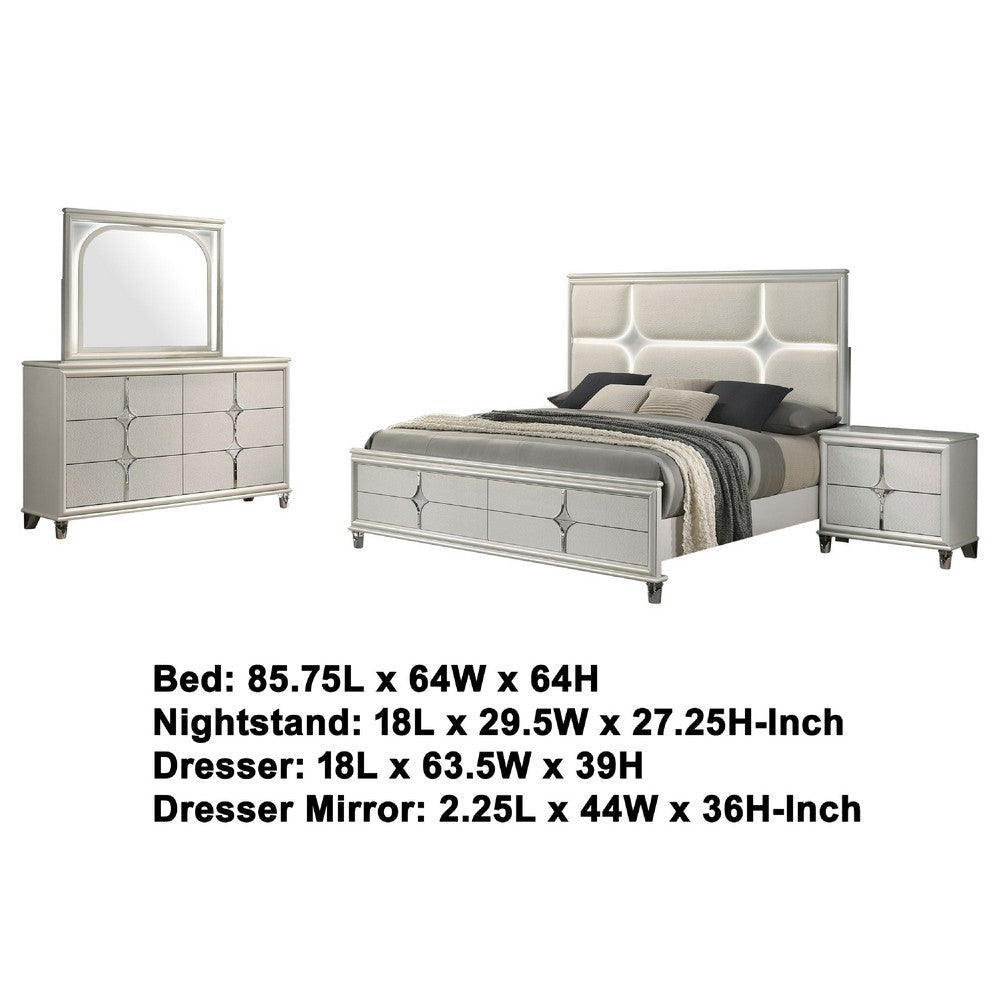 Ory 4pc Queen Bedroom Set | LED Lights | Diamond Star White Wood