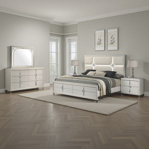 Ory 4pc Queen Bedroom Set | LED Lights | Diamond Star White Wood