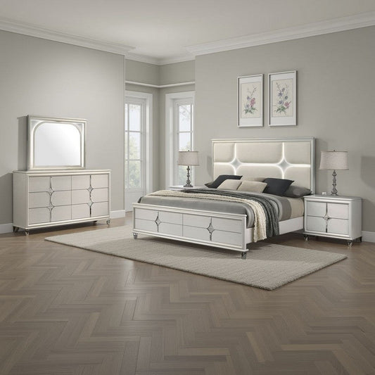 Ory 4pc Queen Bedroom Set | LED Lights | Diamond Star White Wood