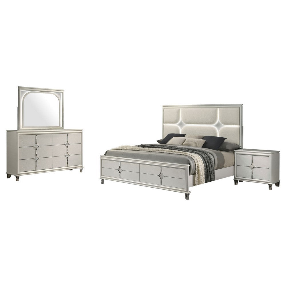 Ory 4pc Queen Bedroom Set | LED Lights | Diamond Star White Wood