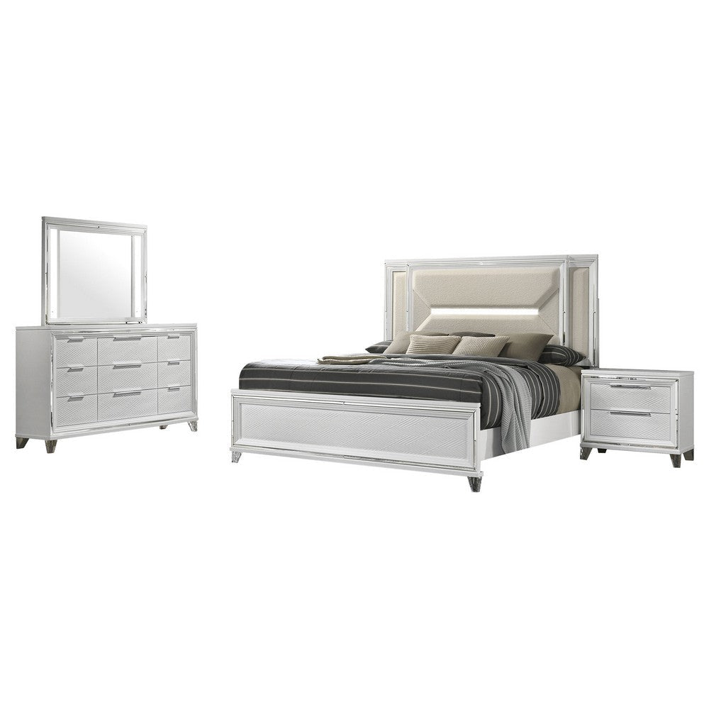 Mory 4pc Queen Bedroom Set | Herringbone Graphic Pattern | White Wood