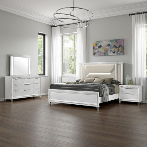 Mory 4pc Queen Bedroom Set | Herringbone Graphic Pattern | White Wood