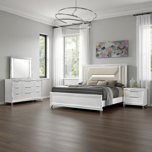 Mory 4pc Queen Bedroom Set | Herringbone Graphic Pattern | White Wood