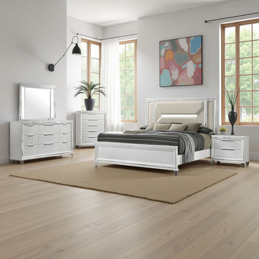 Mory 5pc Queen Bedroom Set | Herringbone Graphic Pattern | LED | White