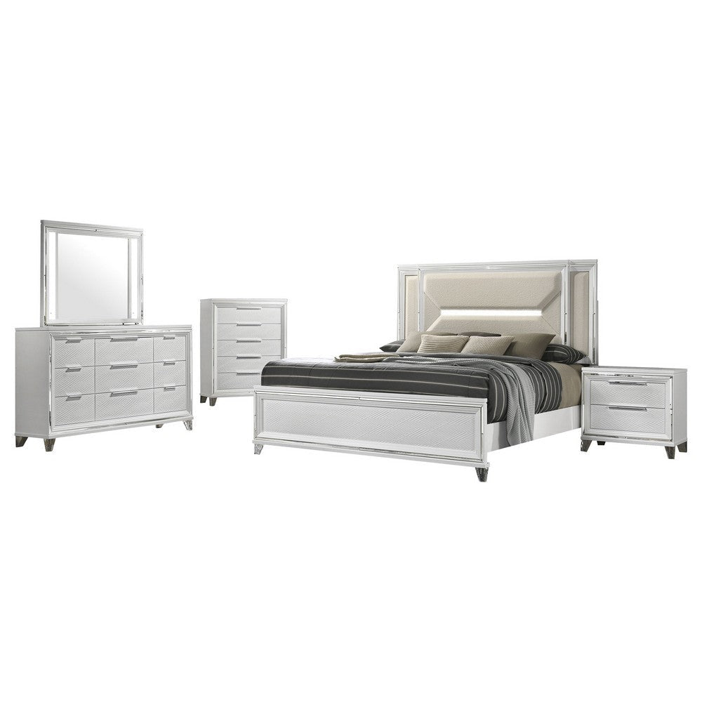 Mory 5pc Queen Bedroom Set | Herringbone Graphic Pattern | LED | White