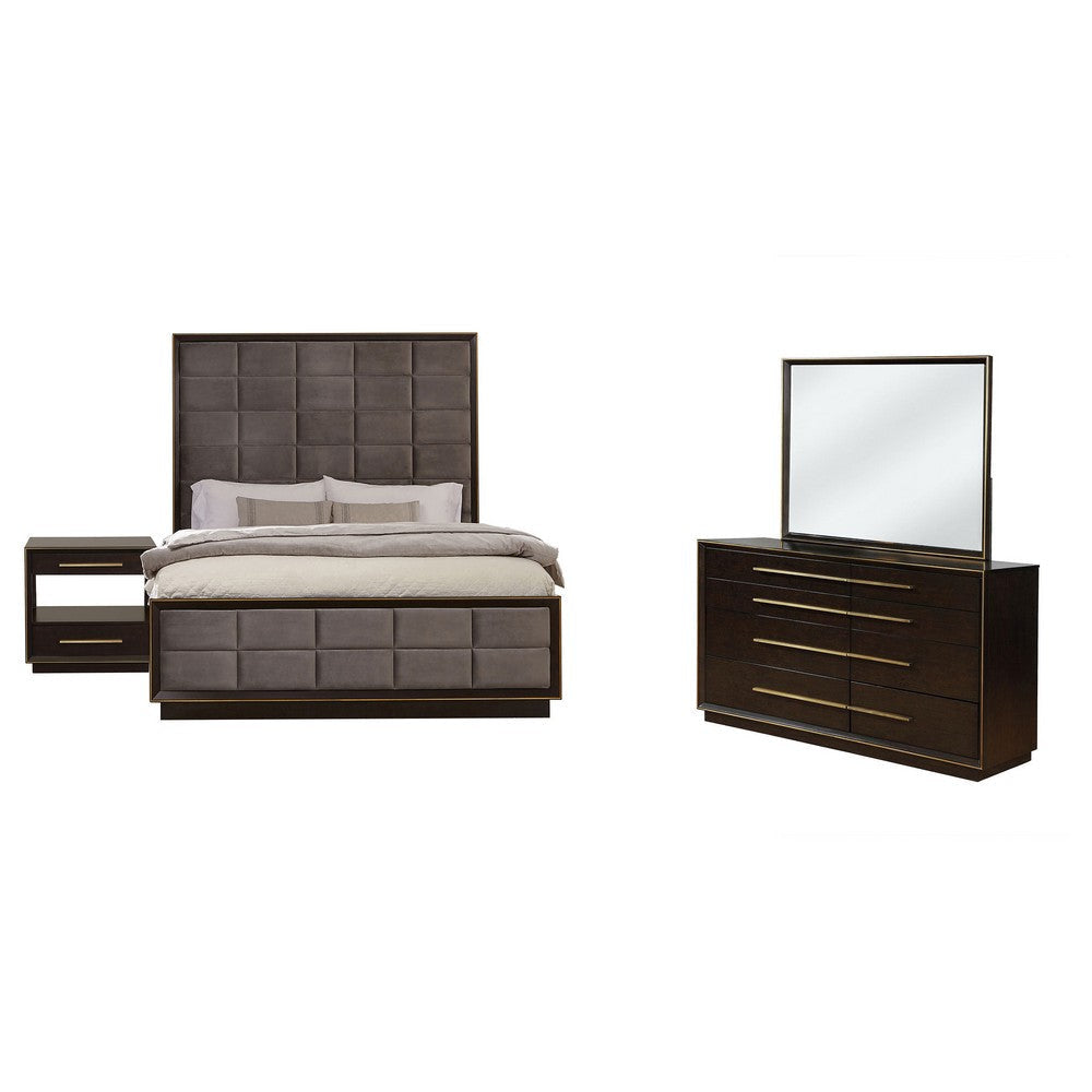 Lyni 4pc Tall Queen Bedroom Set | Gold Accents | Brown | Upholstery