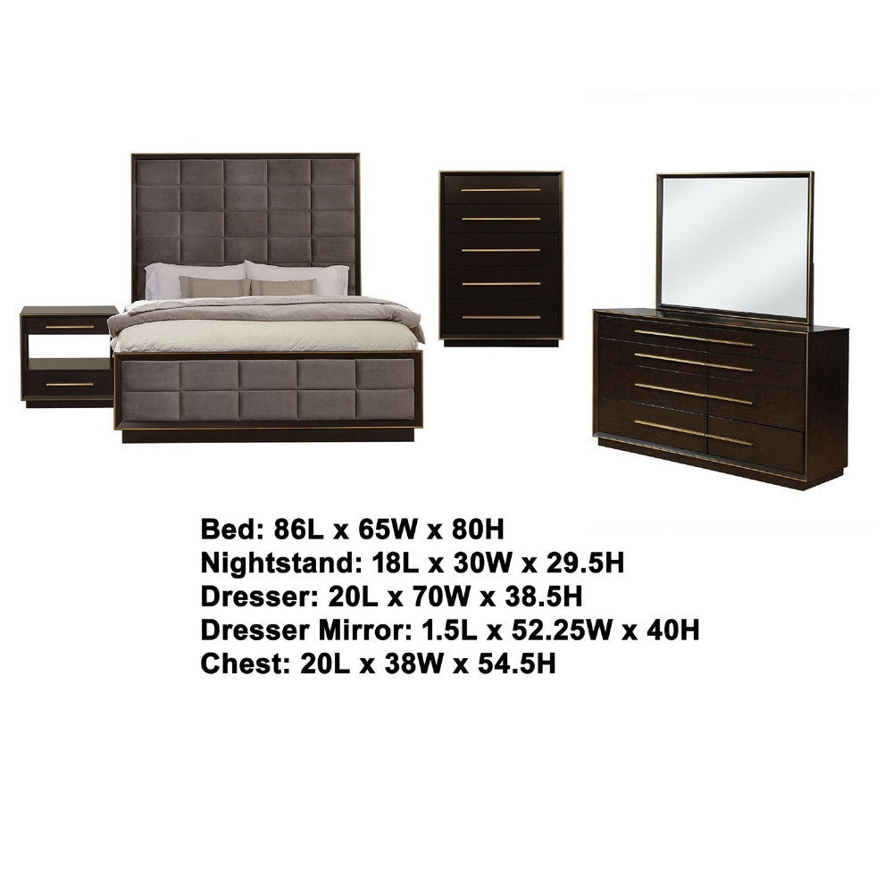 Lyni 5pc Tall Queen Bedroom Set | Gold Accents | Brown | Upholstery