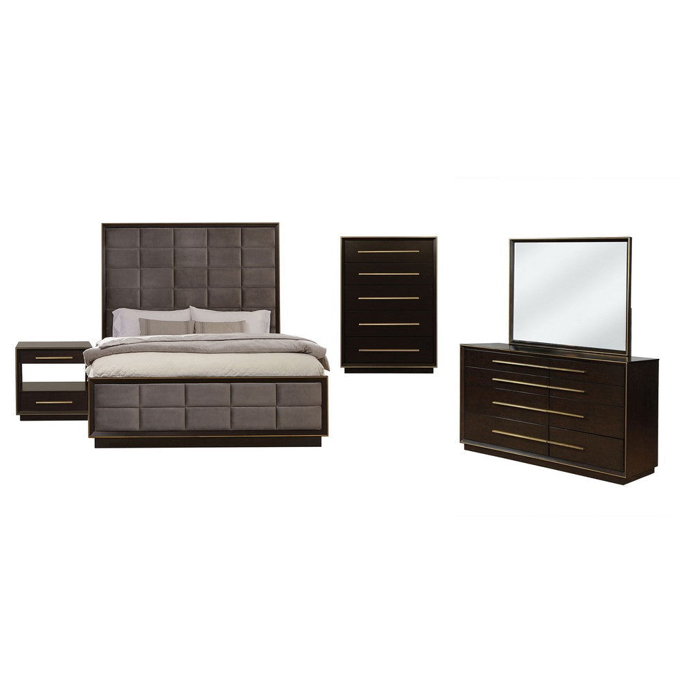 Lyni 5pc Tall Queen Bedroom Set | Gold Accents | Brown | Upholstery