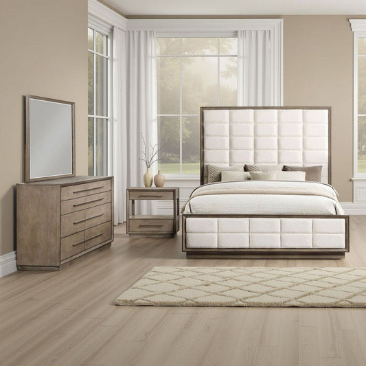 Lyni 4pc Tall Queen Bedroom Set | Brown | Grid Tufted Ivory Upholstery