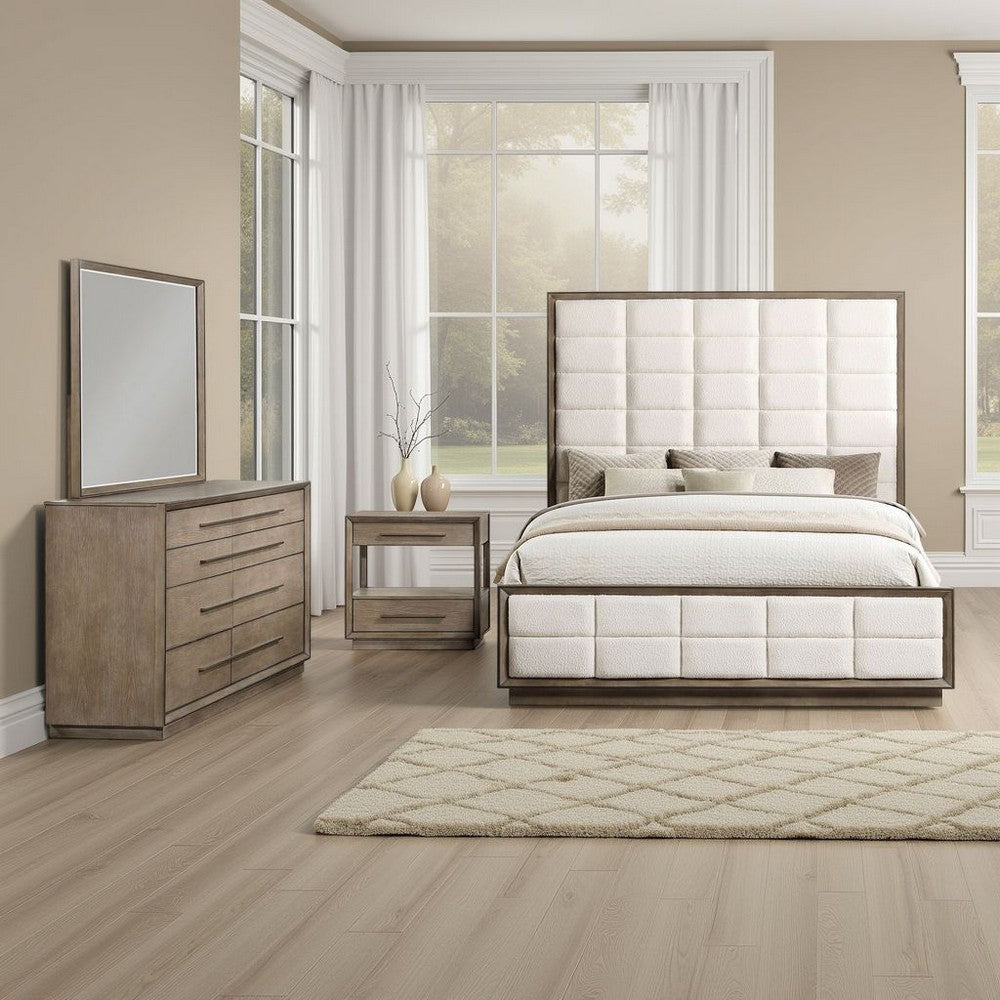 Lyni 4pc Tall Queen Bedroom Set | Brown | Grid Tufted Ivory Upholstery