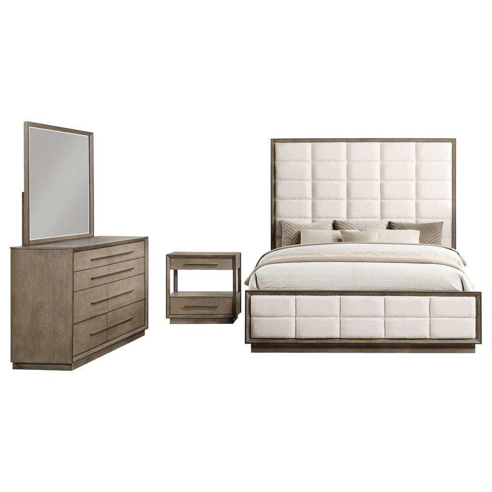 Lyni 4pc Tall Queen Bedroom Set | Brown | Grid Tufted Ivory Upholstery