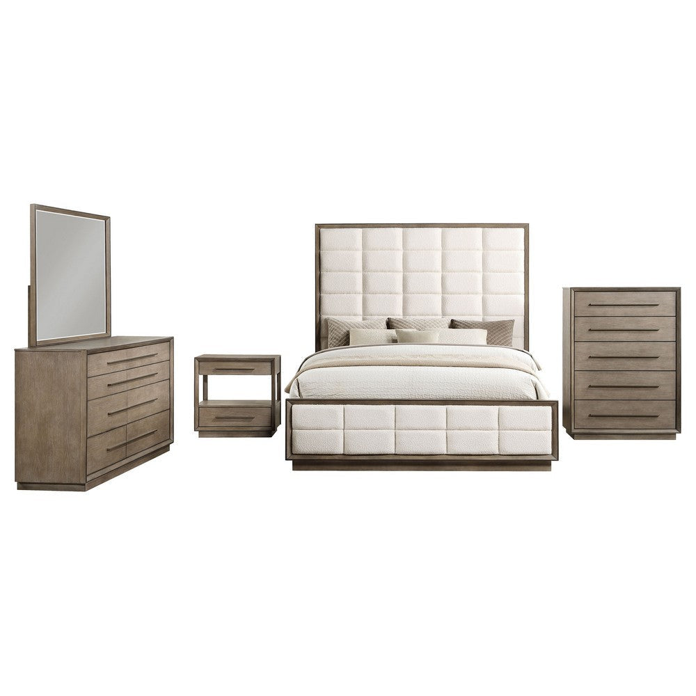 Lyni 5pc Tall Queen Bedroom Set | Brown | Grid Tufted Ivory Upholstery
