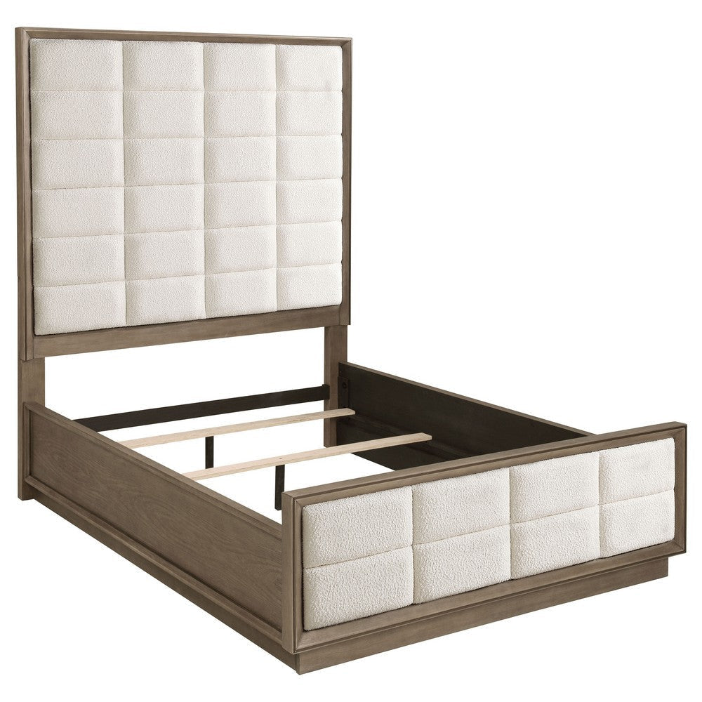 Lyni 5pc Tall Queen Bedroom Set | Brown | Grid Tufted Ivory Upholstery