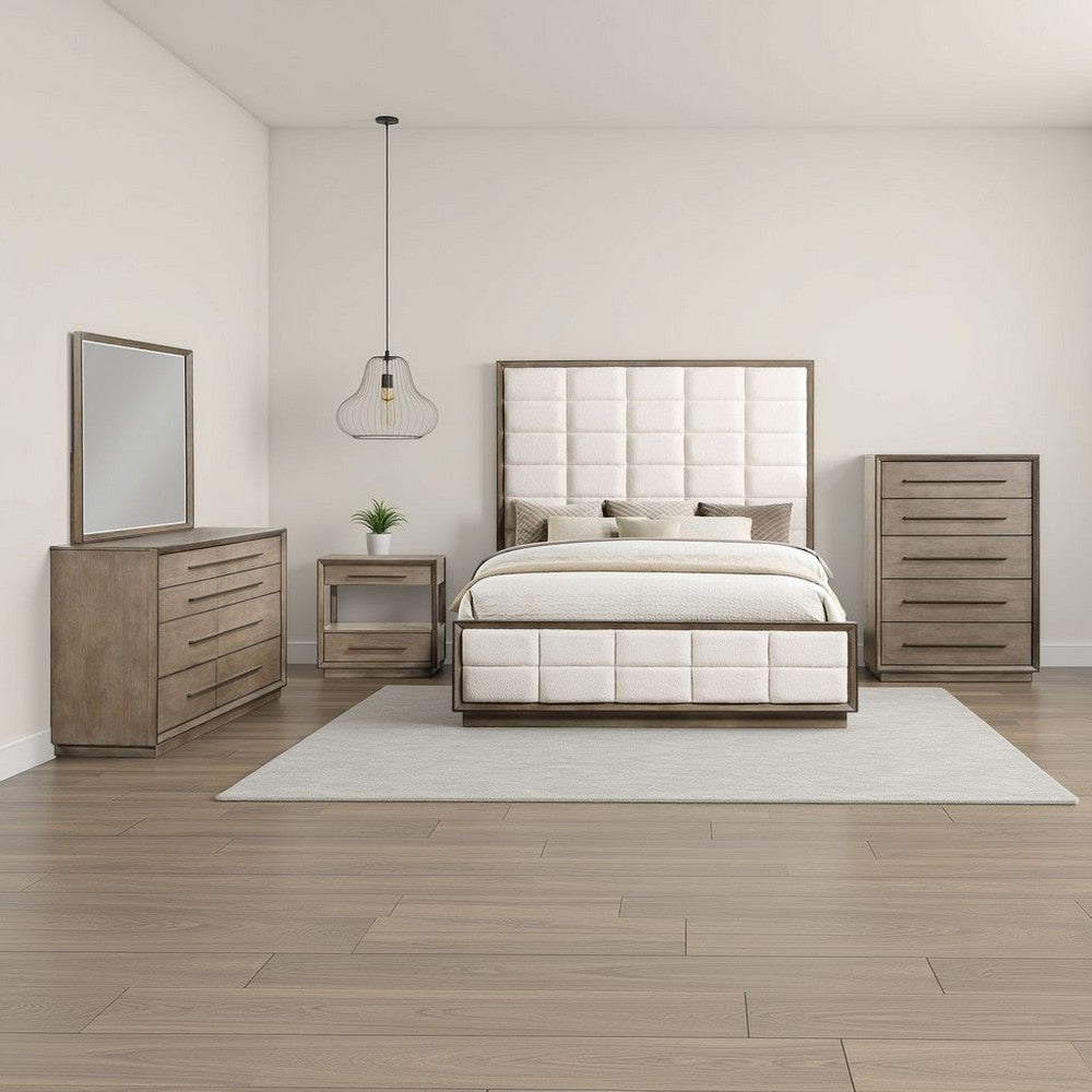 Lyni 5pc Tall Queen Bedroom Set | Brown | Grid Tufted Ivory Upholstery