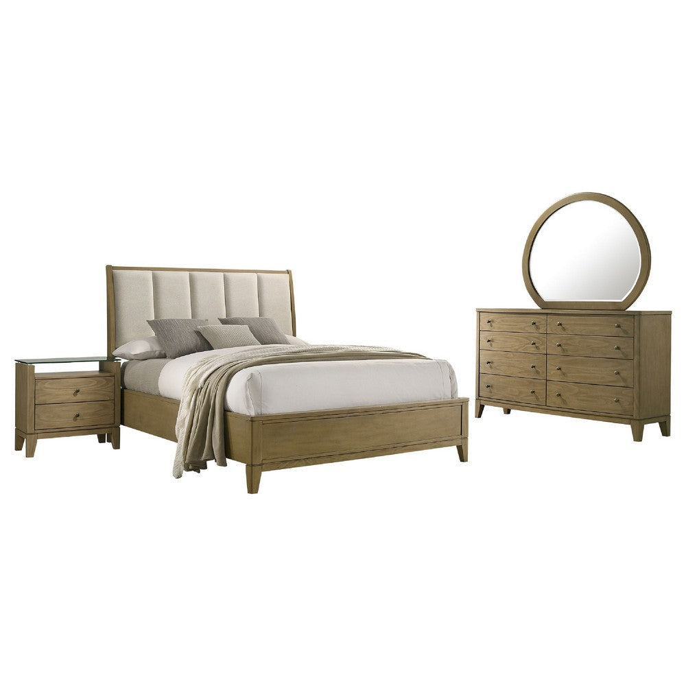 Heon 4pc Queen Bedroom Set | Beige Tufted Headboard | Natural Brown